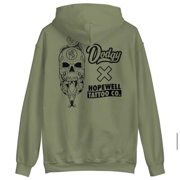 Dodgy Collective x Hopewell Tattoo Hoodie Collab - Olive Green - NWT - Size M - Picture 1 of 8